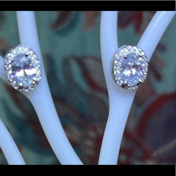 Simulated Diamond Oval Stud Earrings in Silvertone 3 ctw. Inspired by the halo - Picture 5 of 6